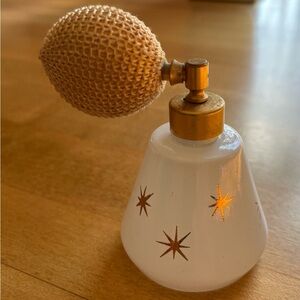 Vintage Perfume Atomizer. Gold Stars on White Glass.